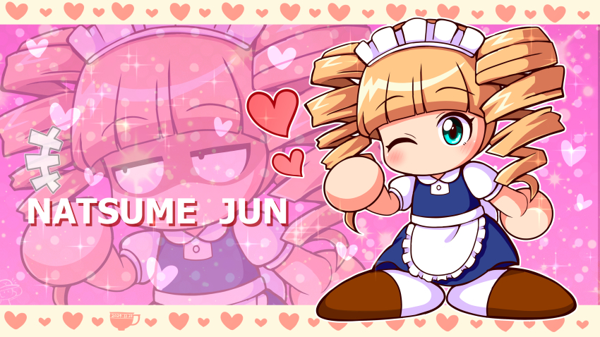 +++, 1girl, absurdres, apron, blonde_hair, blush, character_name, chibi