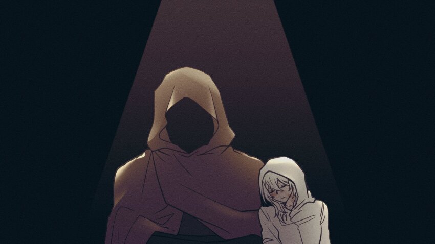 1boy, 1girl, brown_cloak, cloak, closed_eyes, fa_mayo, adashino_adami, highres