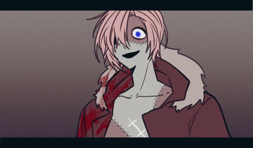 1boy, blood, blood_on_clothes, blue_eyes, brown_jacket, commentary_request, fa_mayo, gradient_background