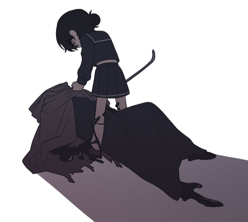 1boy, 1girl, black_hair, black_serafuku, cloak, clothes_grab, collar_grab, commentary_request, crowbar, deformed, fa_mayo, full_body, hair_bun, headless, adashino_adami, highres, holding, holding_crowbar, homicipher, korean_commentary, lying, mr._hood, neckwear_grab, on_back, school_uniform, serafuku, shadow, short_hair, simple_background, slime_(substance), white_background