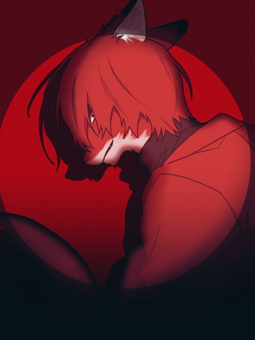 1boy, body_fur, coat, commentary_request, fa_mayo, fox_boy, furrification, furry, furry_male, highres, homicipher, korean_commentary, looking_at_viewer, looking_back, male_focus, mr._scarletella, red_background, red_coat, red_eyes, red_fur, red_hair, red_theme, short_hair, simple_background, solo, spotlight, upper_body