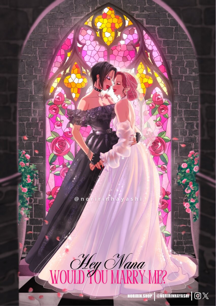 2girls, artist_name, bare_shoulders, belt, black_belt, black_choker, black_dress, black_gloves