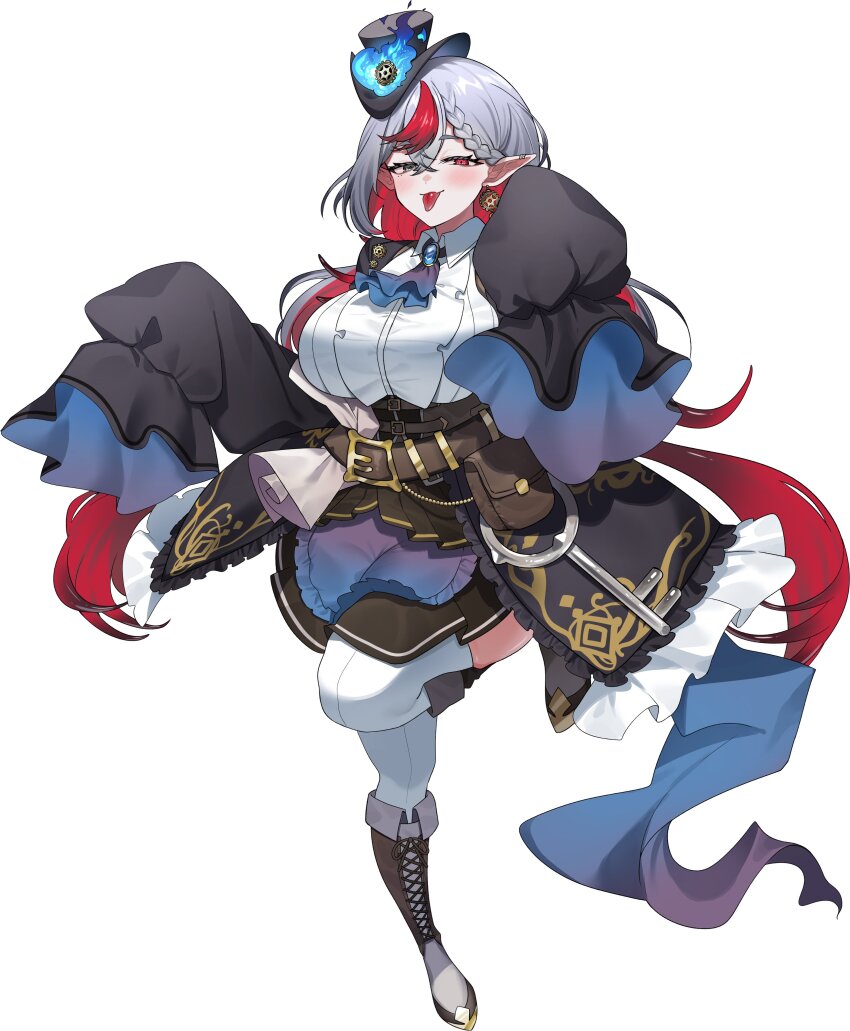 1girl, absurdres, ascot, belt, black_hat, black_skirt, blue_ascot, blue_fire