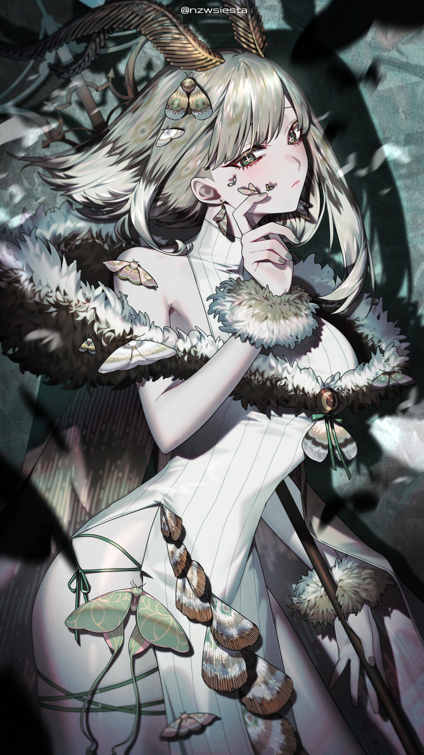 +_+, 1girl, absurdres, antennae, arthropod_girl, bare_shoulders, bracelet, bug, cape, closed_mouth, cowboy_shot, dress, expressionless, fingernails, fur-trimmed_cape, fur_bracelet, fur_trim, green_cape, green_eyes, green_ribbon, grey_hair, grey_nails, hand_up, highres, holding, holding_staff, insect, insect_girl, insect_on_finger, jewelry, leg_ribbon, looking_at_animal, moth, moth_antennae, moth_girl, nail_polish, natzamwang, original, ribbon, short_hair, side_slit, sleeveless, sleeveless_dress, solo, staff, standing, thigh_ribbon, twitter_username, white_dress
