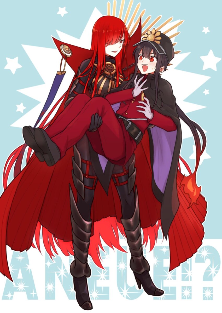 1boy, 1girl, :d, armored_boots, belt, black_belt, black_bodysuit, black_cape