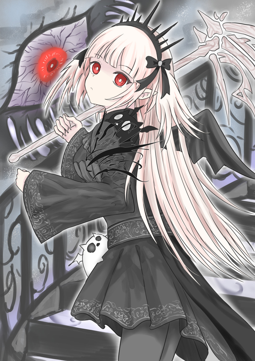 a_bao_a_qu_the_lightless_shadow, absurdres, bat_wings, black_dress, black_ribbon, blunt_bangs, dress, duel_monster, gt_majoyan, highres, long_hair, pointy_ears, red_eyes, ribbon, white_hair, wings, yu-gi-oh!