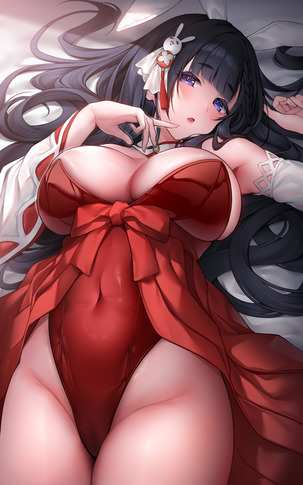1girl, animal_ears, azur_lane, black_hair, blue_eyes, blush, breasts, commentary_request, covered_navel, daisen_(azur_lane), daisen_(bunny_priestess_in_prayer)_(azur_lane), fake_animal_ears, hair_ornament, highleg, highleg_leotard, highres, large_breasts, leotard, long_hair, long_sleeves, looking_at_viewer, lying, official_alternate_costume, on_back, open_mouth, oyuwari, playboy_bunny, rabbit_ears, red_leotard, solo, thighs