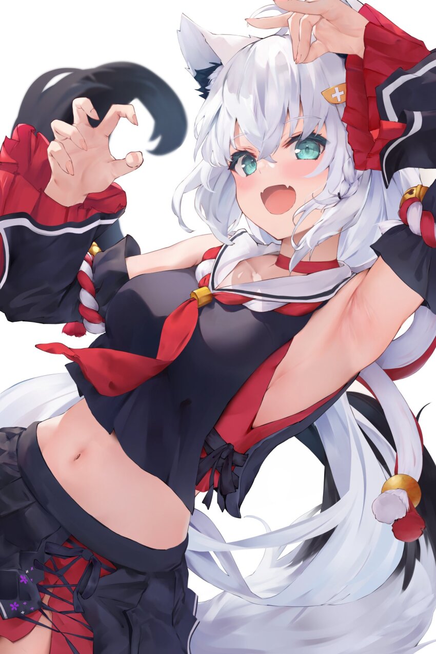 1girl, animal_ears, aqua_eyes, arm_up, armpits, black_shirt, black_skirt, blush