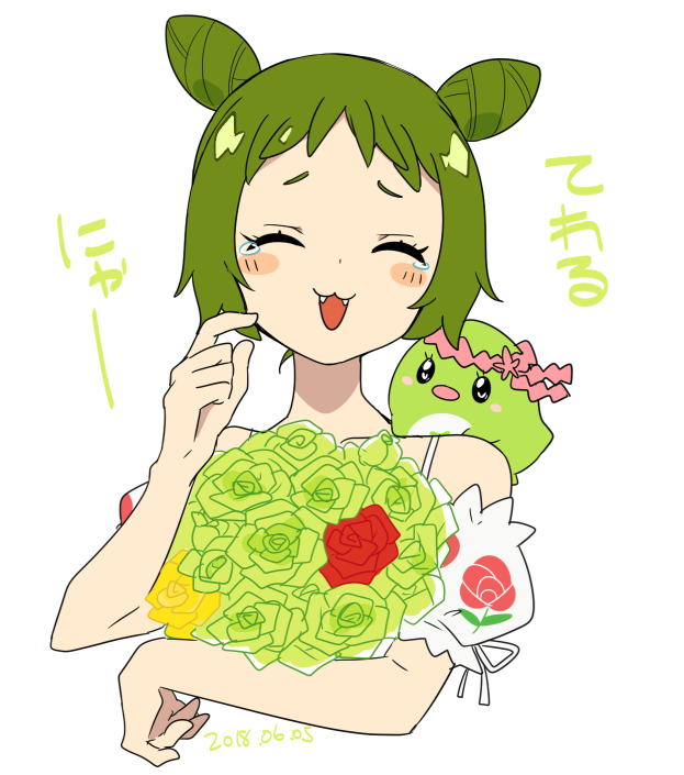 1girl, :d, ^_^, bare_shoulders, bird, bouquet, closed_eyes, commentary_request