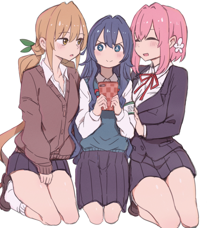 3girls, ^_^, armband, bare_legs, black_jacket, black_skirt, blazer, blonde_hair