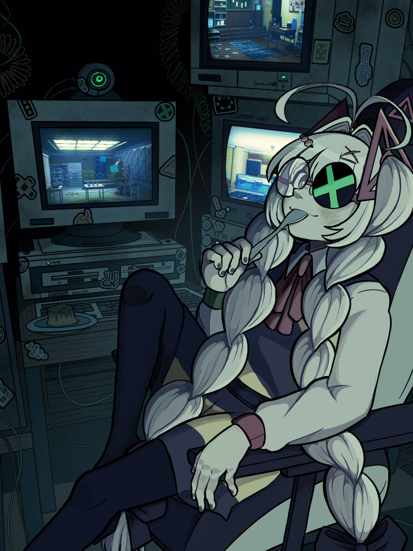 1boy, absurdres, antenna_hair, black_pantyhose, braid, brown_eyes, cautionne, crossdressing, crossdressing_(mtf), food, glasses, hair_intakes, hair_ornament, hairclip, highres, holding, holding_spoon, leg_up, long_hair, looking_at_viewer, madocactus, male_focus, malviolence, monitor, official_art, pantyhose, pudding, purple_nails, round_eyewear, sitting, smile, solo, spoon, trap, twin_braids, utensil_in_mouth, white_hair