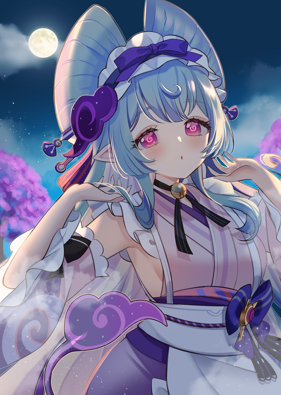 1girl, :o, bell, black_choker, blue_hair, choker, commentary_request, detached_sleeves, frilled_hairband, frilled_sleeves, frills, full_moon, genshin_impact, hairband, hands_up, highres, japanese_clothes, kimono, long_hair, looking_at_viewer, moon, neck_bell, night, nihongami, outdoors, pink_kimono, pointy_ears, purple_eyes, ramune_(lamunepop), sky, sleeveless, sleeveless_kimono, solo, tail, tapir_tail, yumemizuki_mizuki