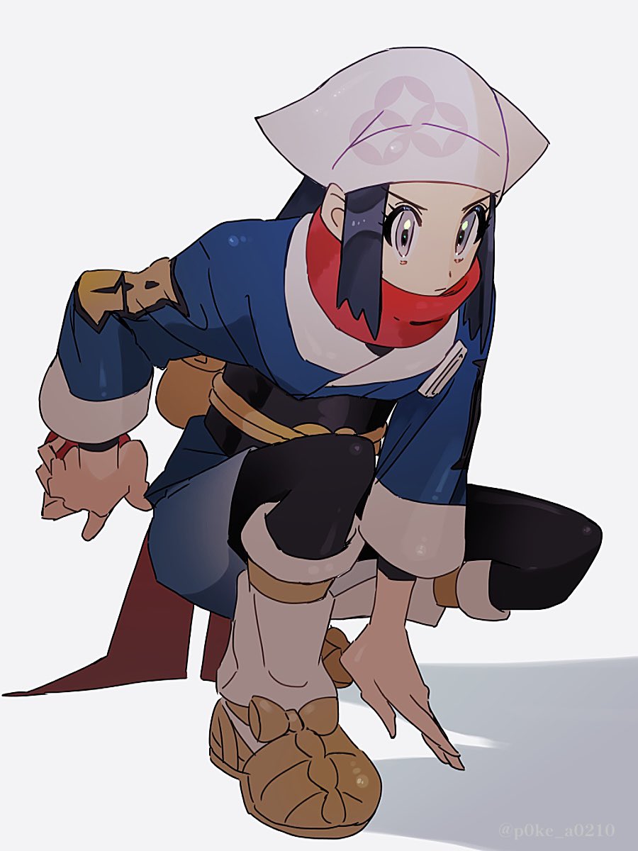 1girl, akari_(pokemon), black_hair, black_sash, blue_coat, brown_footwear, coat, eyelashes