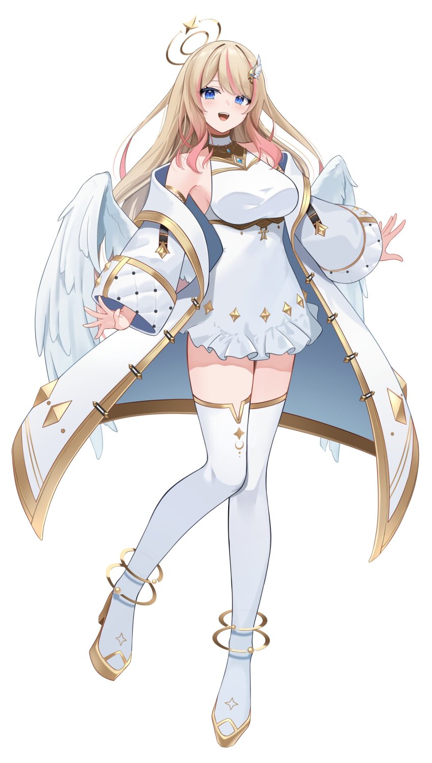 1girl, absurdres, angel, angel_wings, blonde_hair, blue_eyes, breasts, dress