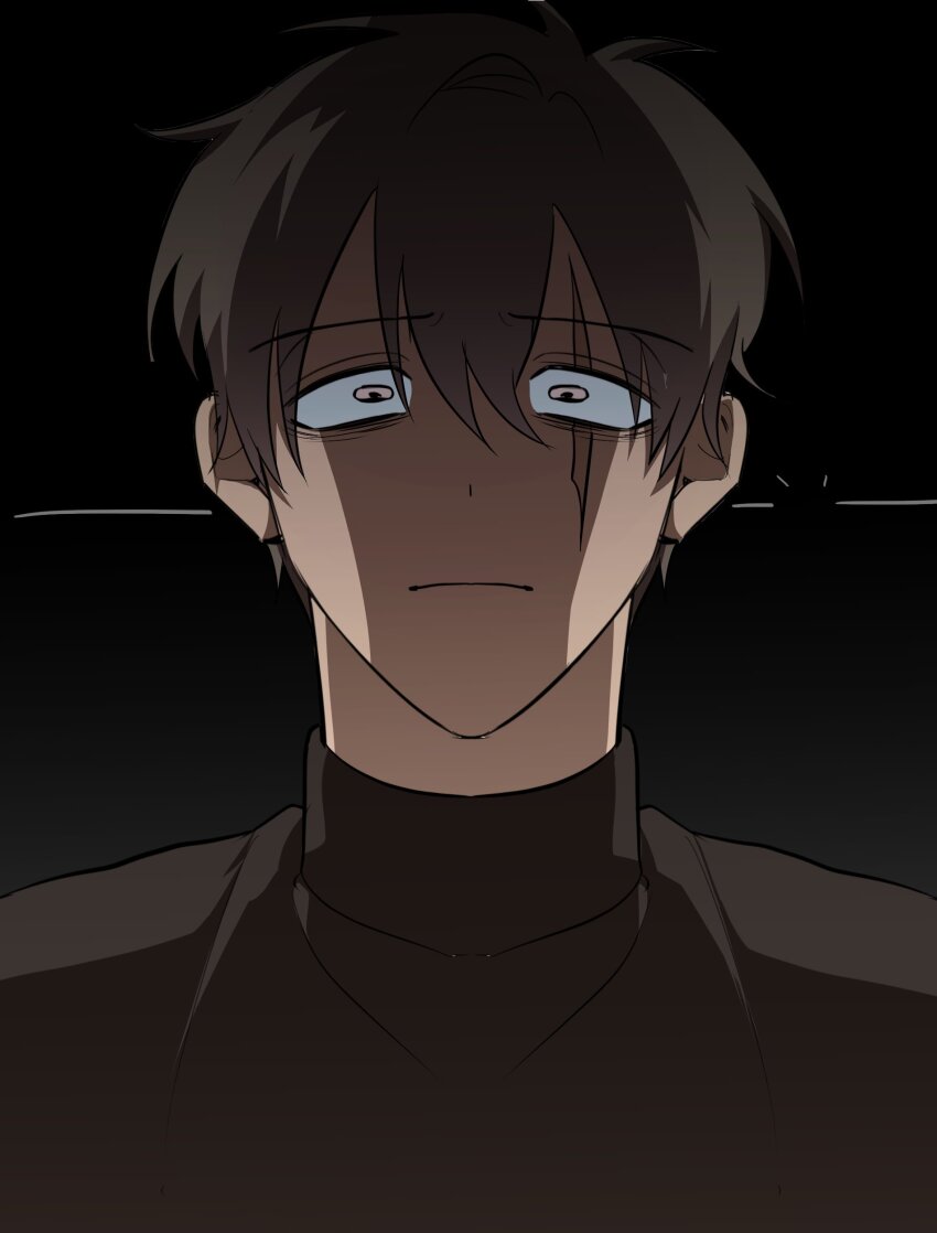 1boy, absurdres, alien_stage, black_background, black_shirt, brown_eyes, brown_hair, closed_mouth