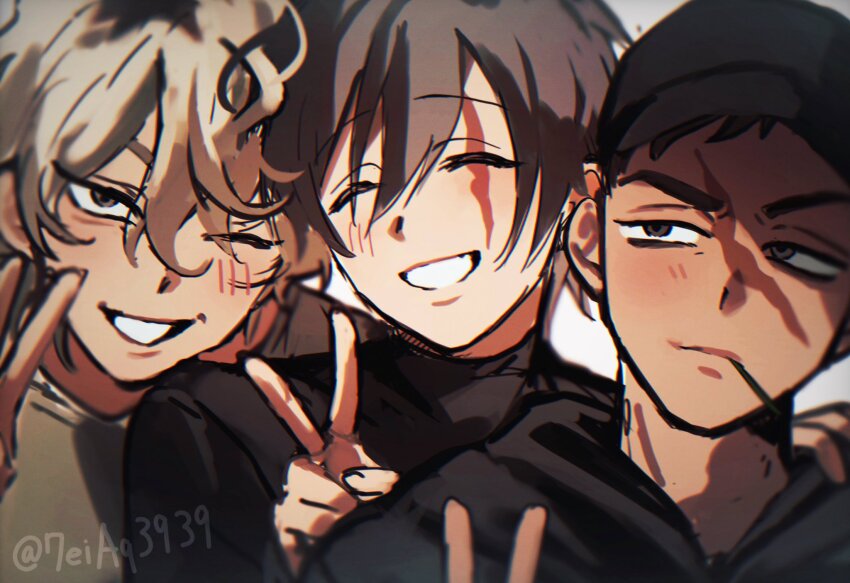 3boys, 7eiaq3939, alien_stage, baseball_cap, black_hat, black_hoodie, black_shirt, blonde_hair