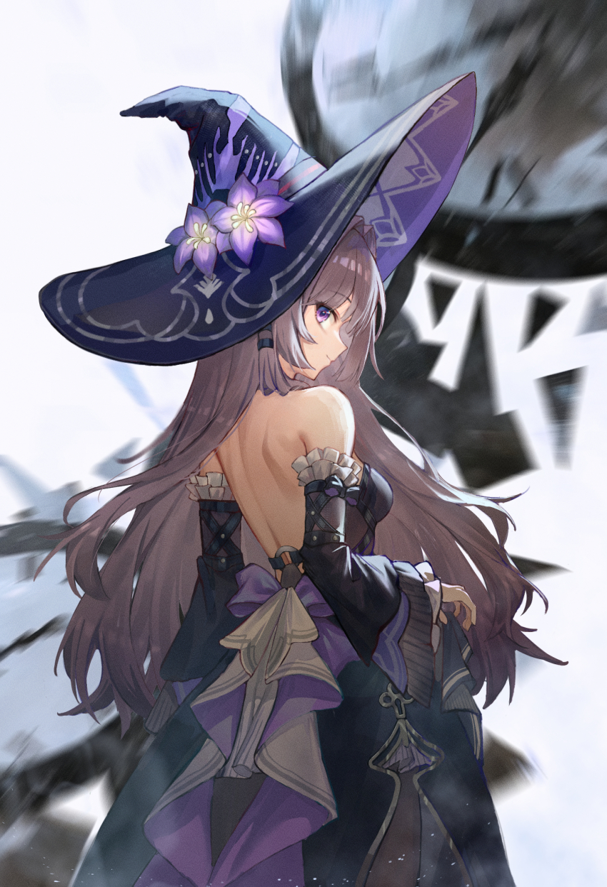 1girl, backless_dress, backless_outfit, bare_back, bare_shoulders, black_dress, black_hat, breasts