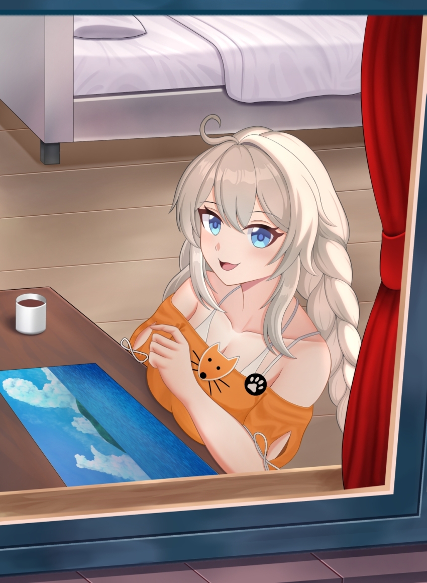 1girl, :d, ahoge, bare_shoulders, bed, blue_eyes, bra_strap, braid