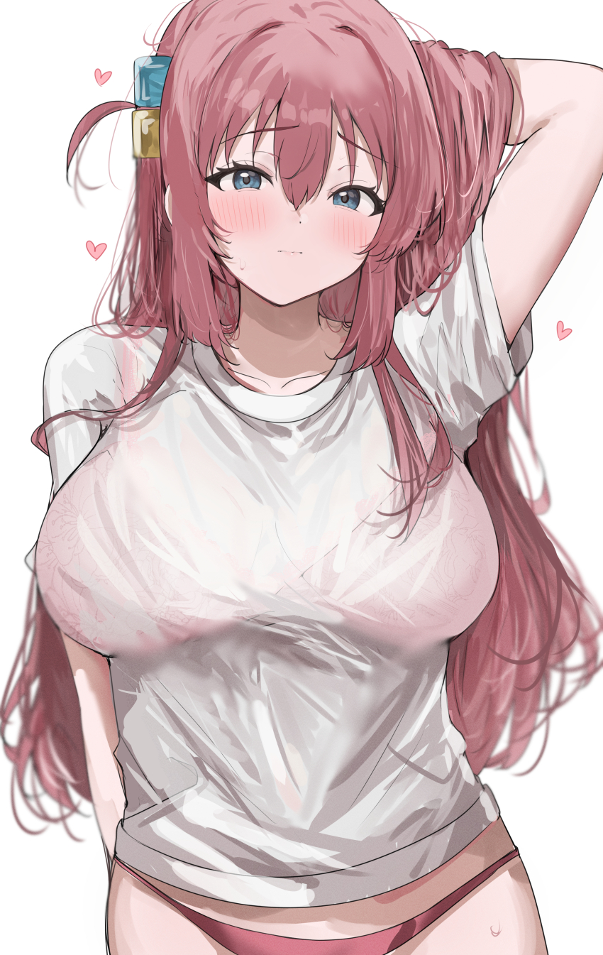 1girl, absurdres, arm_up, blue_eyes, blush, bocchi_the_rock!, bra, bra_visible_through_clothes