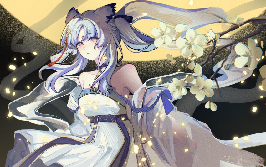 1girl, absurdres, arknights, bare_shoulders, branch, chasansui, chinese_commentary, chromatic_aberration