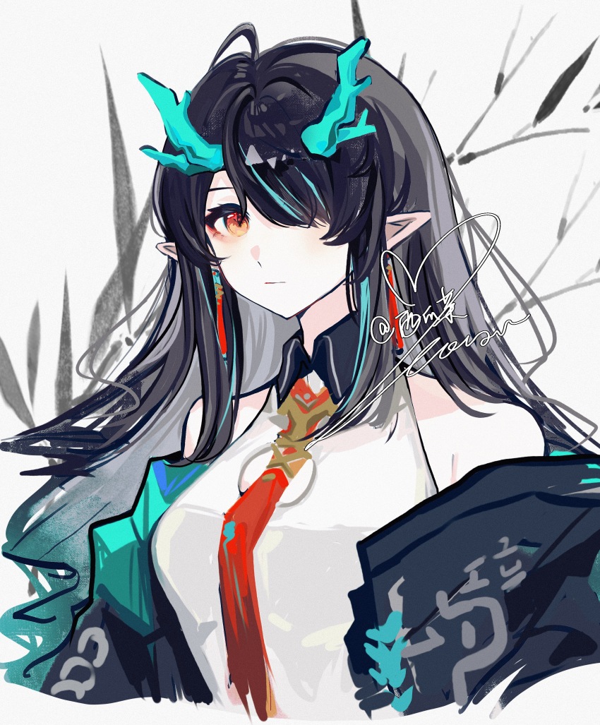 1girl, absurdres, aqua_hair, arknights, bare_shoulders, black_hair, chasansui, cleavage_cutout