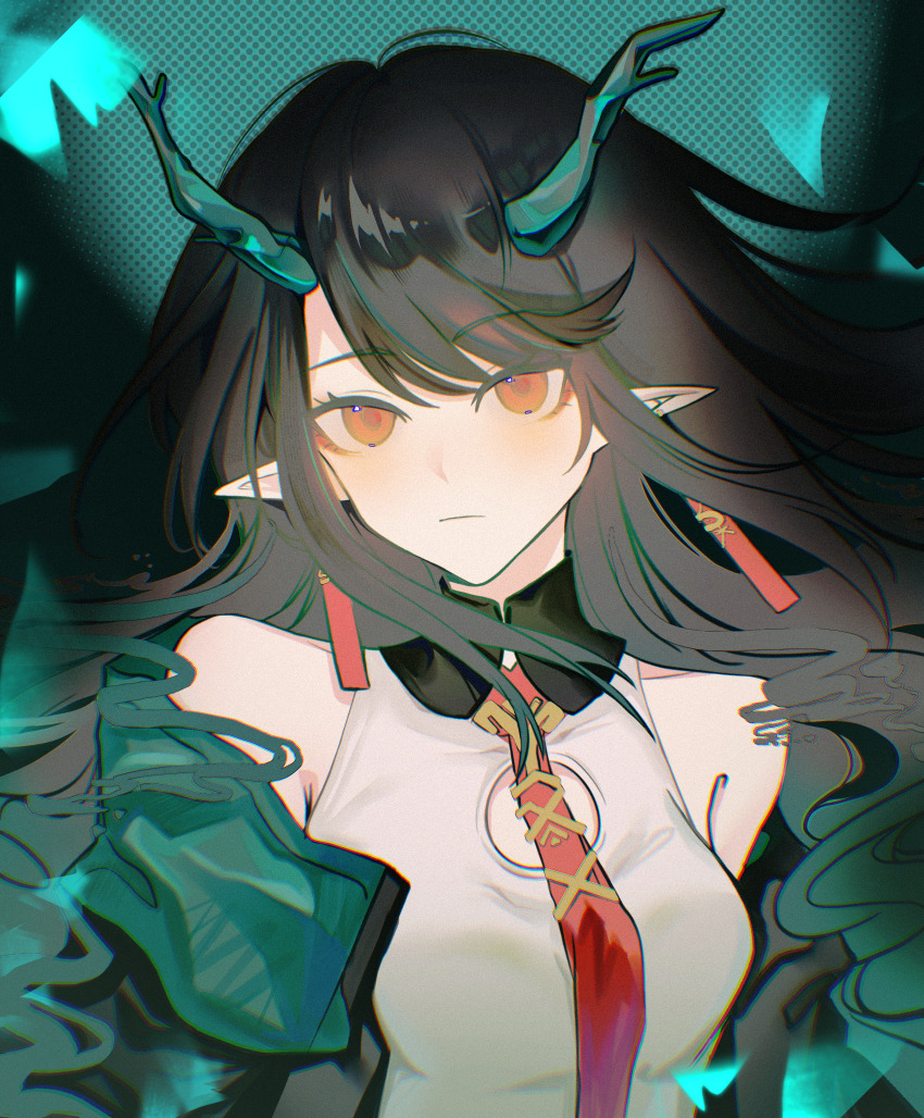 1girl, :/, absurdres, arknights, bare_shoulders, black_hair, chasansui, chinese_commentary