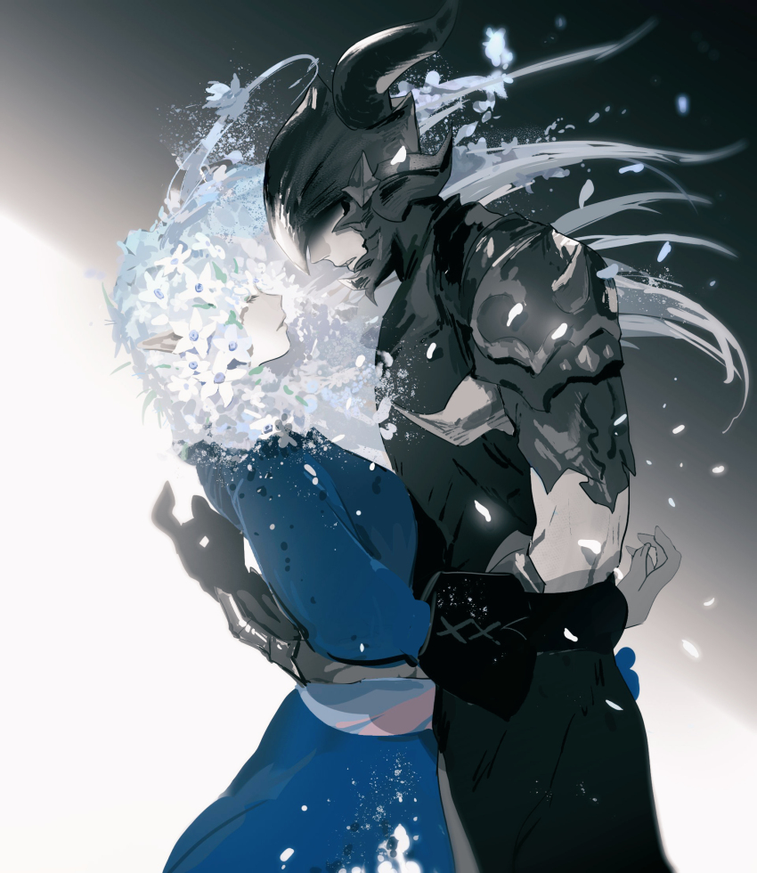 1boy, 1girl, armor, blue_coat, breastplate, closed_eyes, coat, covered_eyes