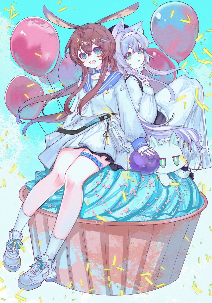 2girls, :d, absurdres, amiya_(arknights), animal_ears, aqua_eyes, arknights, back-to-back