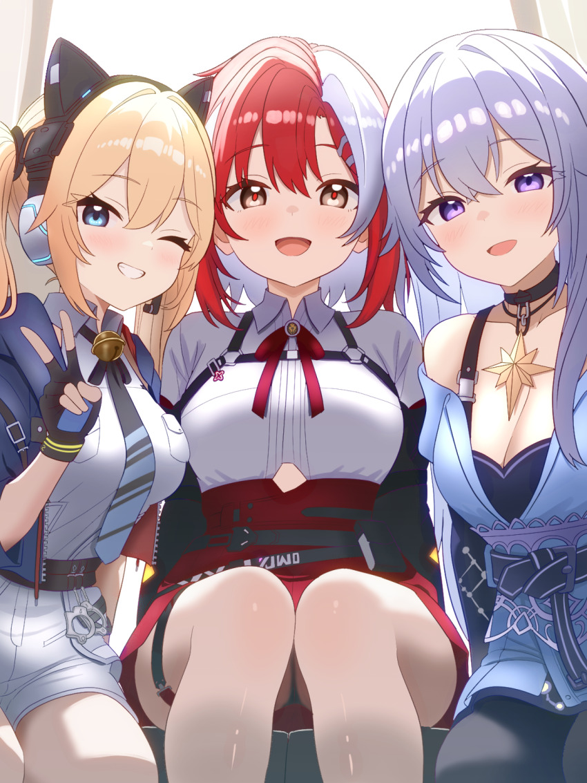 3girls, :d, animal_ear_headphones, animal_ears, aqua_eyes, bare_shoulders, belt, black_belt