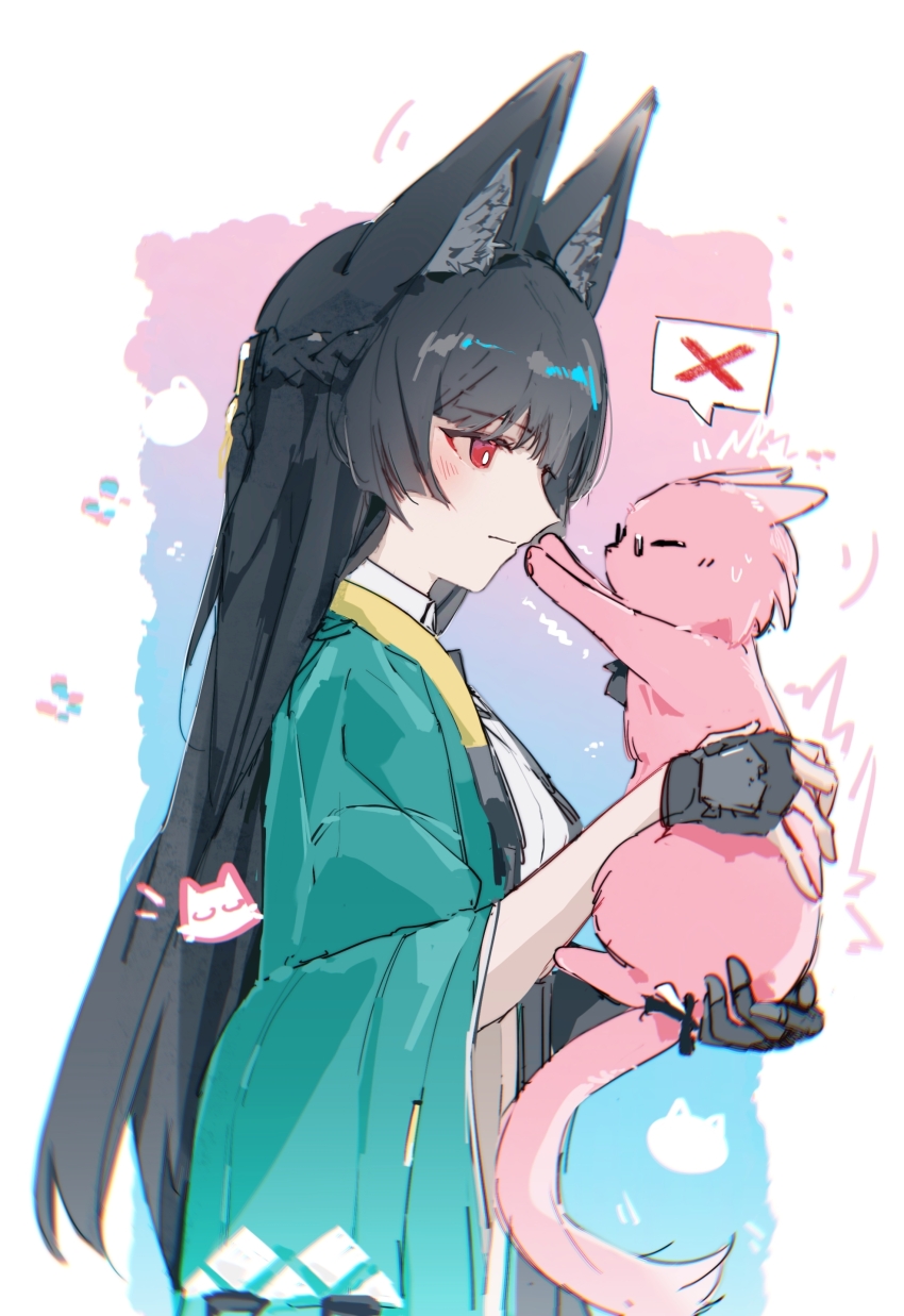 1girl, absurdres, animal, animal_ear_fluff, animal_ears, black_gloves, black_hair, blunt_bangs