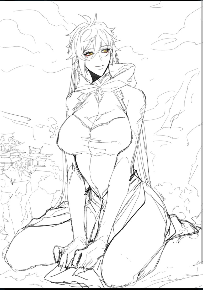 1girl, breasts, genderswap, genshin_impact, giant, giantess, greyscale, highres