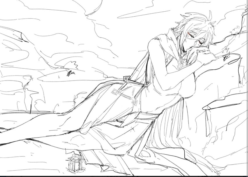 1girl, breasts, genderswap, genderswap_(mtf), genshin_impact, giant, giantess, greyscale