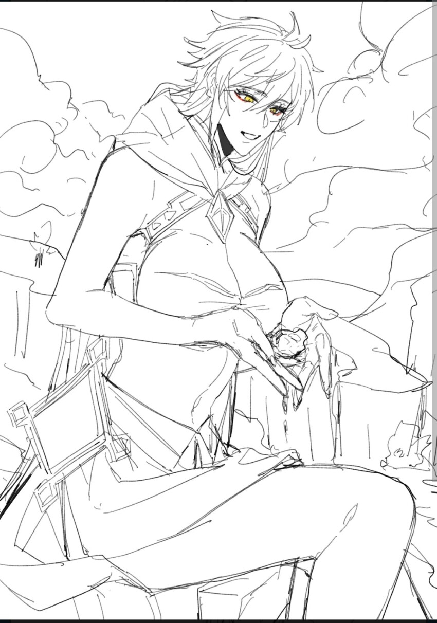 1girl, breasts, genderswap, genderswap_(mtf), genshin_impact, giant, giantess, greyscale