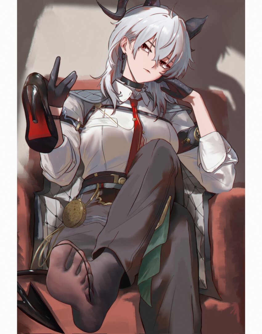 1girl, accessories, black_choker, black_footwear, black_gloves, black_horns, black_tail, breasts