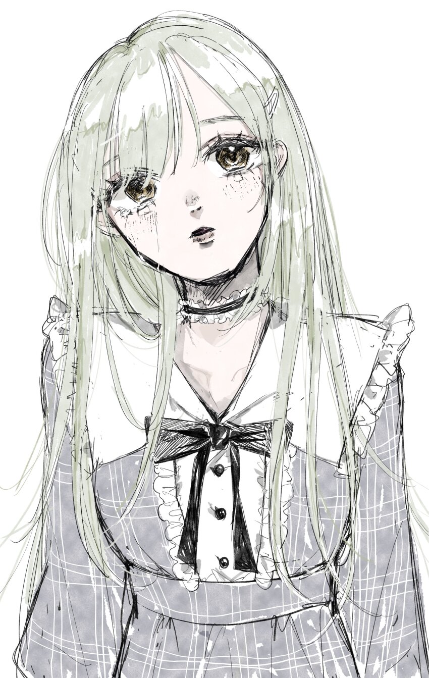 1girl, absurdres, bang_dream!, bang_dream!_it's_mygo!!!!!, black_choker, black_ribbon, blue_dress, blush, chelsea_(cloud_re505), choker, commentary, crying, crying_with_eyes_open, dress, frilled_choker, frills, green_hair, hair_ornament, hairclip, hashtag-only_commentary, highres, long_hair, neck_ribbon, plaid_clothes, plaid_dress, ribbon, sidelocks, simple_background, solo, tears, upper_body, wakaba_mutsumi, white_background, yellow_eyes