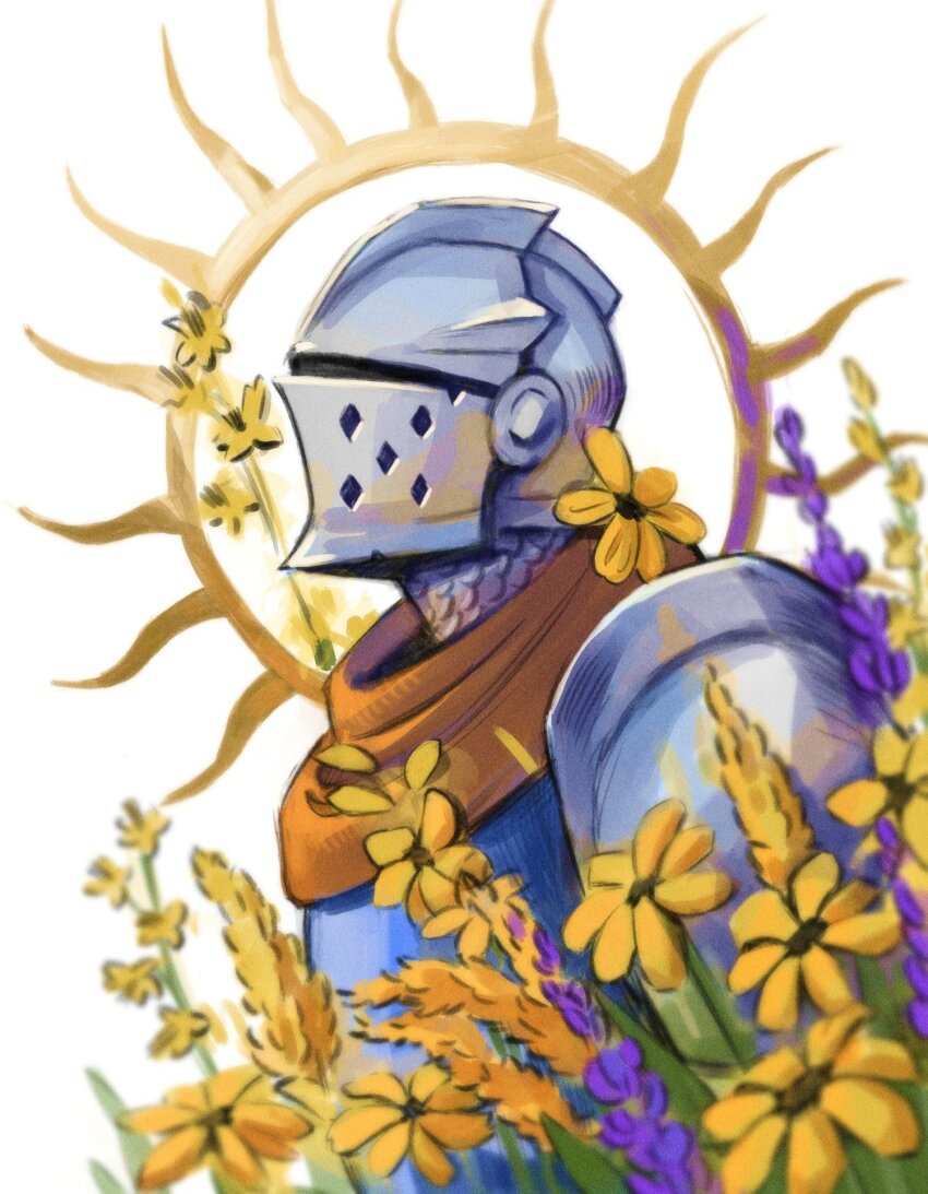 1boy, armor, blue_tabard, chainmail, commentary, crusader_(darkest_dungeon), darkest_dungeon, flower, hashtag-only_commentary, head_back, helm, helmet, highres, male_focus, pauldrons, perepecha, plant, profile, purple_flower, red_scarf, scarf, shoulder_armor, solo, tabard, upper_body, white_background, yellow_flower