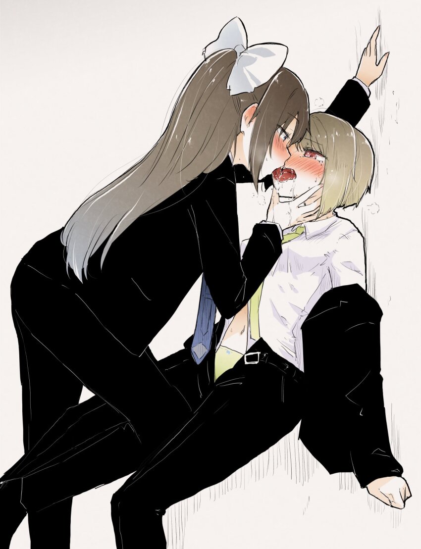 2girls, ast, black_jacket, black_pants, blue_eyes, blue_necktie, blush, bob_cut