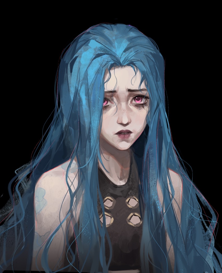 1girl, arcane:_league_of_legends, arm_tattoo, bare_shoulders, black_background, black_shirt, blue_hair, hair_down