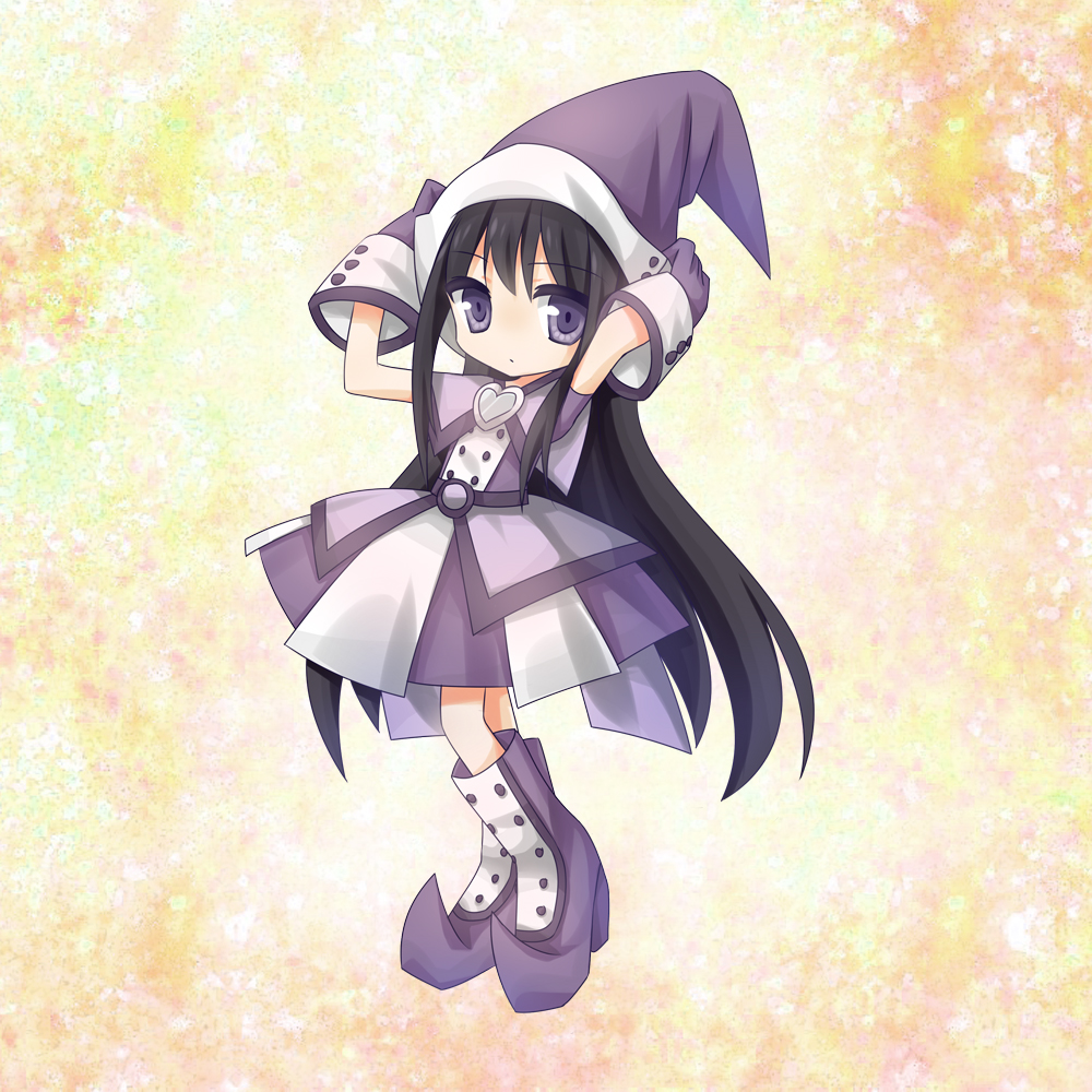 1girl, akemi_homura, black_hair, boots, child, color_connection, cosplay, dress, female_focus, gloves, hairband, hand_on_headwear, hat, heart, long_hair, mahou_shoujo_madoka_magica, mahou_shoujo_madoka_magica_(anime), ojamajo_doremi, parody, purple_eyes, purple_skirt, segawa_onpu, segawa_onpu_(cosplay), silveroid, skirt, solo, yellow_background