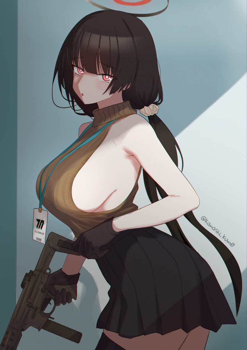 1girl, absurdres, bare_shoulders, black_gloves, black_hair, black_thighhighs, blue_archive, blush, breasts, cosplay, gloves, gun, halo, highres, holding, holding_gun, holding_weapon, kanashi_kum0, large_breasts, long_hair, looking_at_viewer, parted_lips, pleated_skirt, red_eyes, ringed_eyes, rio_(blue_archive), ro635_(girls'_frontline), ro635_(girls'_frontline)_(cosplay), sideboob, skirt, sleeveless, solo, thighhighs, twintails, weapon