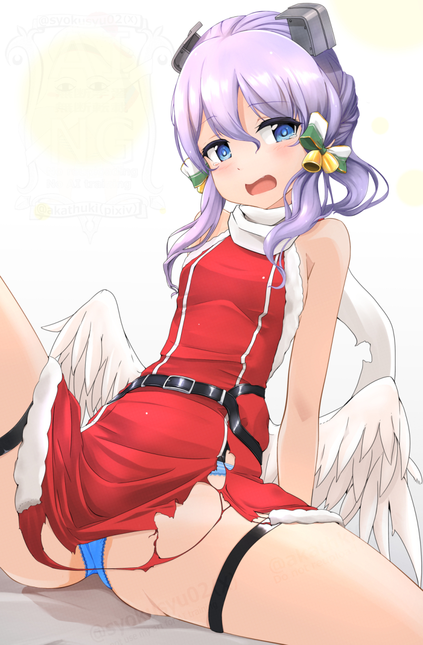 1girl, angel_wings, blue_eyes, blue_panties, commentary_request, dress, ear_bell, fake_wings, fur-trimmed_dress, fur_trim, headgear, highres, kantai_collection, kyou_(tr-6), langley_(christmas)_(kancolle), langley_(kancolle), long_hair, looking_at_viewer, open_mouth, panties, purple_hair, red_dress, scarf, sitting, solo, torn_clothes, underwear, variant_set, watermark, when_you_see_it, white_scarf, wings