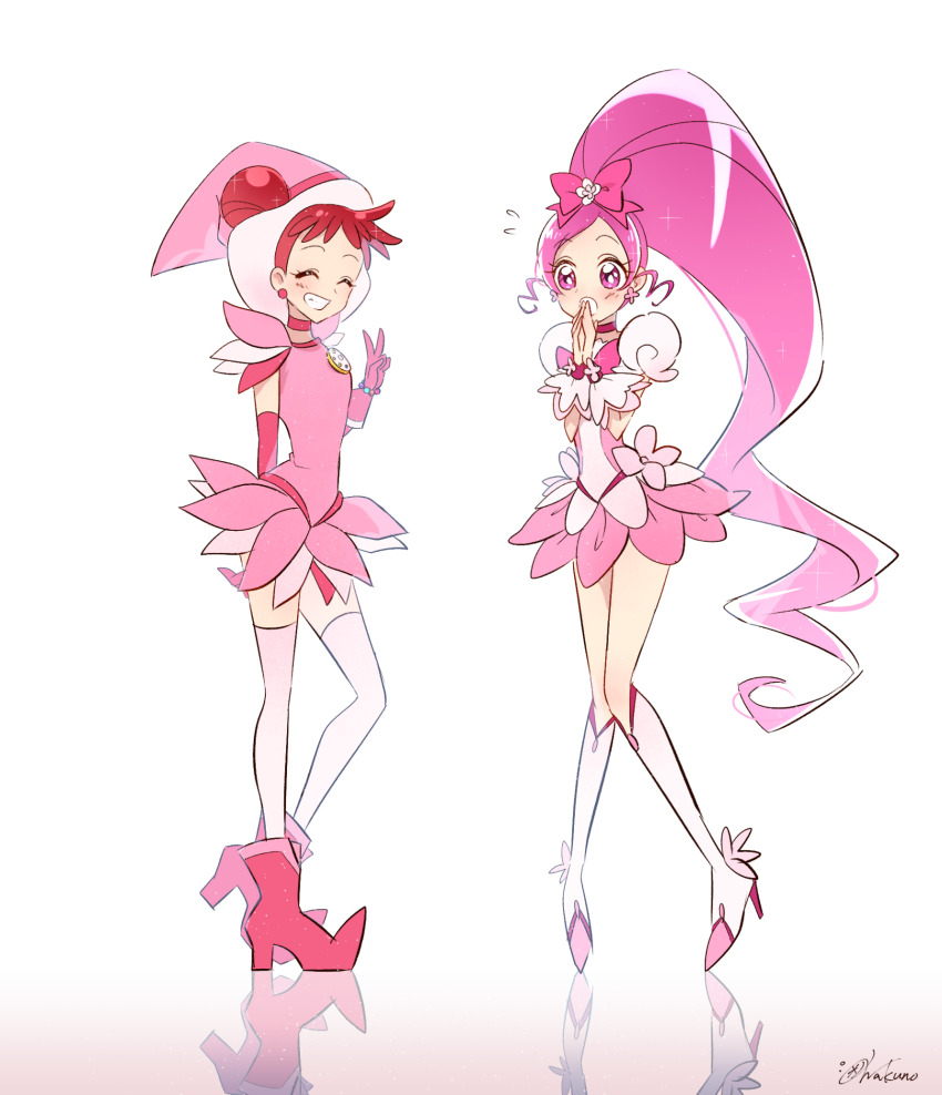 2girls, arm_warmers, blush, boots, bow, bowtie, choker, closed_eyes