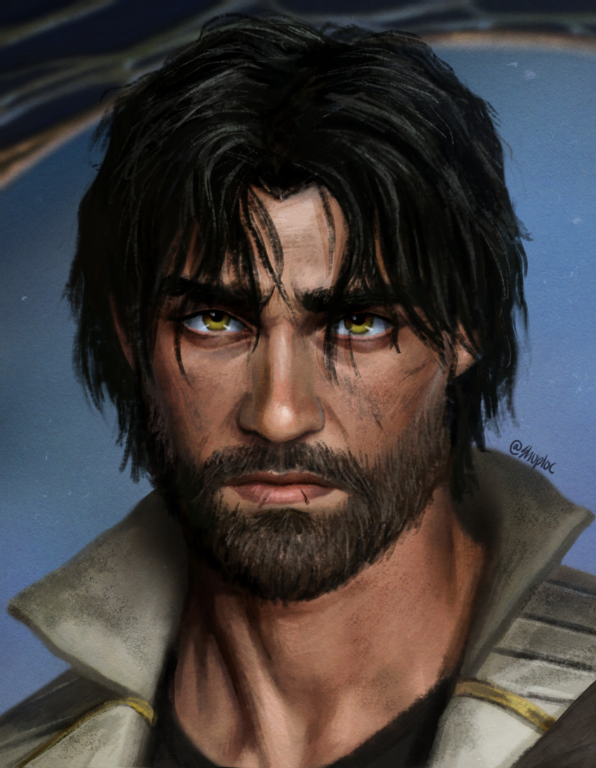 1boy, absurdres, arcane:_league_of_legends, arcane_survivor_jayce, beard, black_hair, black_shirt, blue_sky
