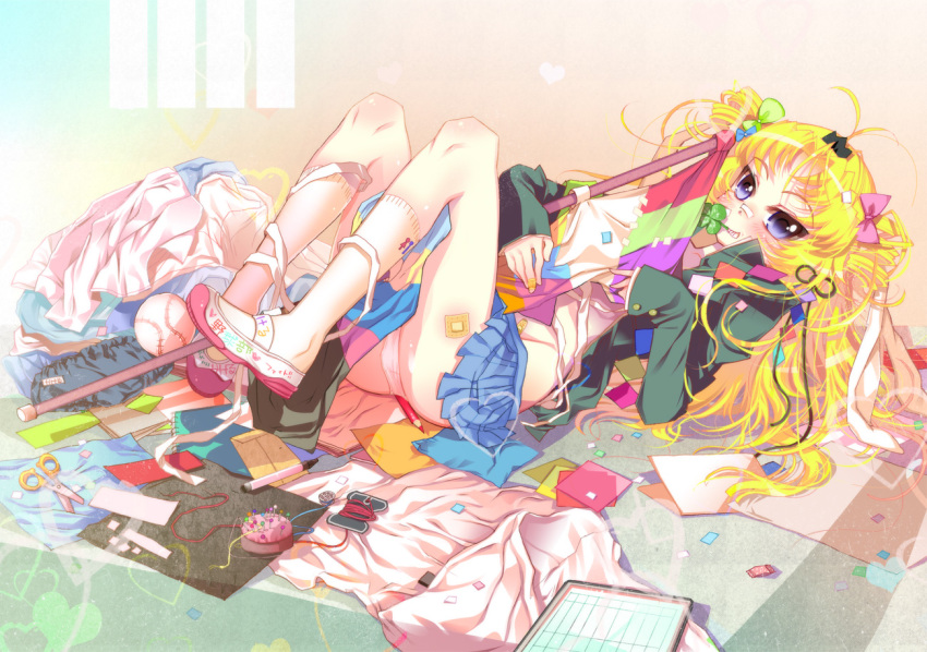 1boy, bad_id, bad_pixiv_id, baseball, blonde_hair, bow, drill_hair, hair_bow