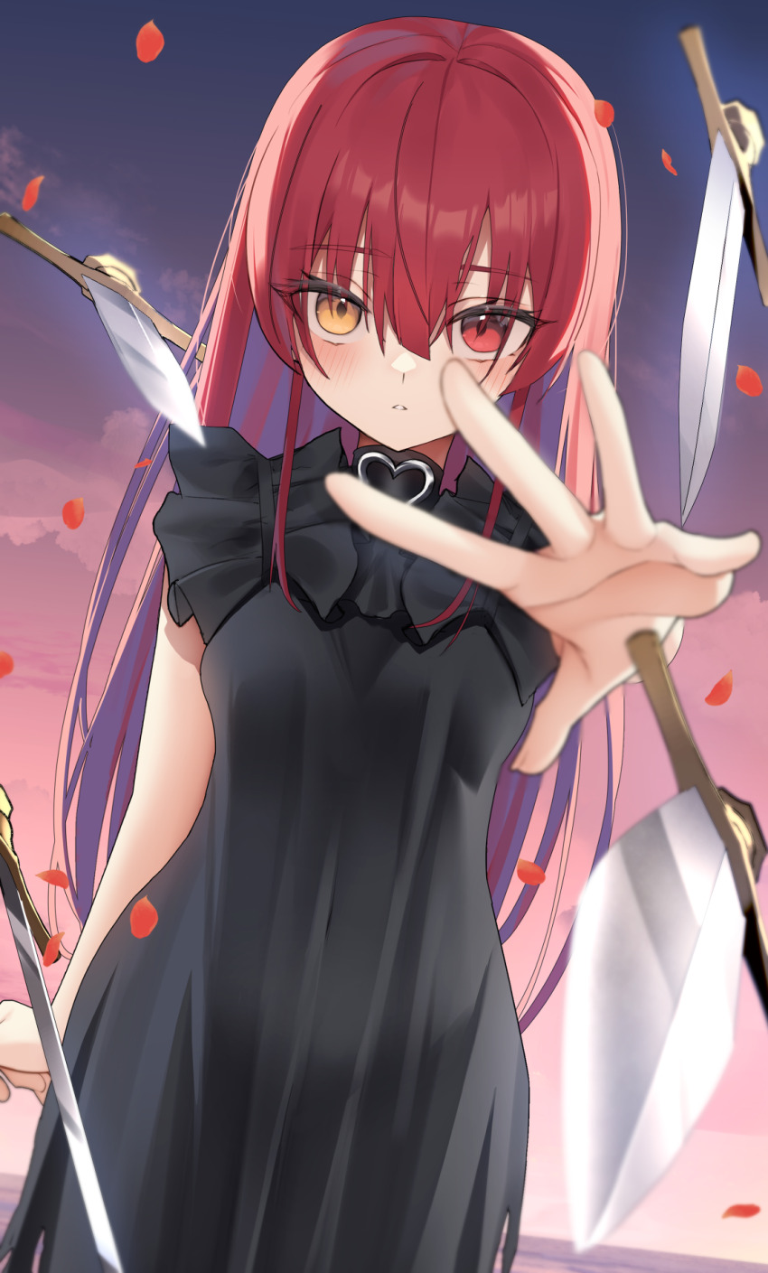 1girl, black_dress, blurry, blurry_foreground, commentary_request, dead_ma'am's_chest_(houshou_marine), dress, falling_petals