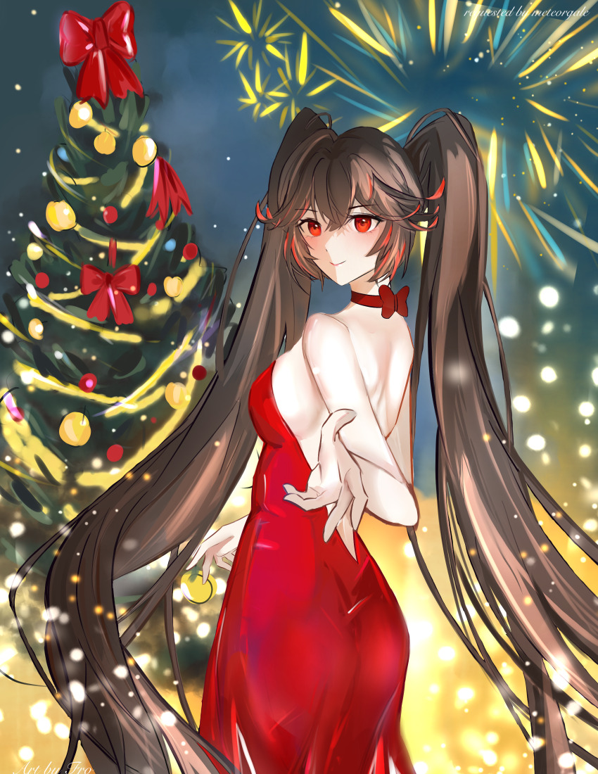 1girl, absurdres, backless_dress, backless_outfit, bare_arms, black_hair, bow, choker