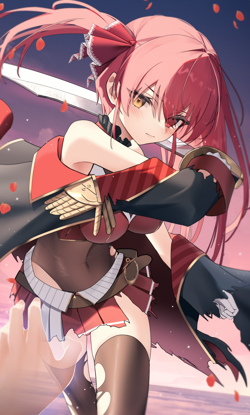 1girl, belt, black_coat, breasts, brown_belt, brown_thighhighs, closed_mouth, coat