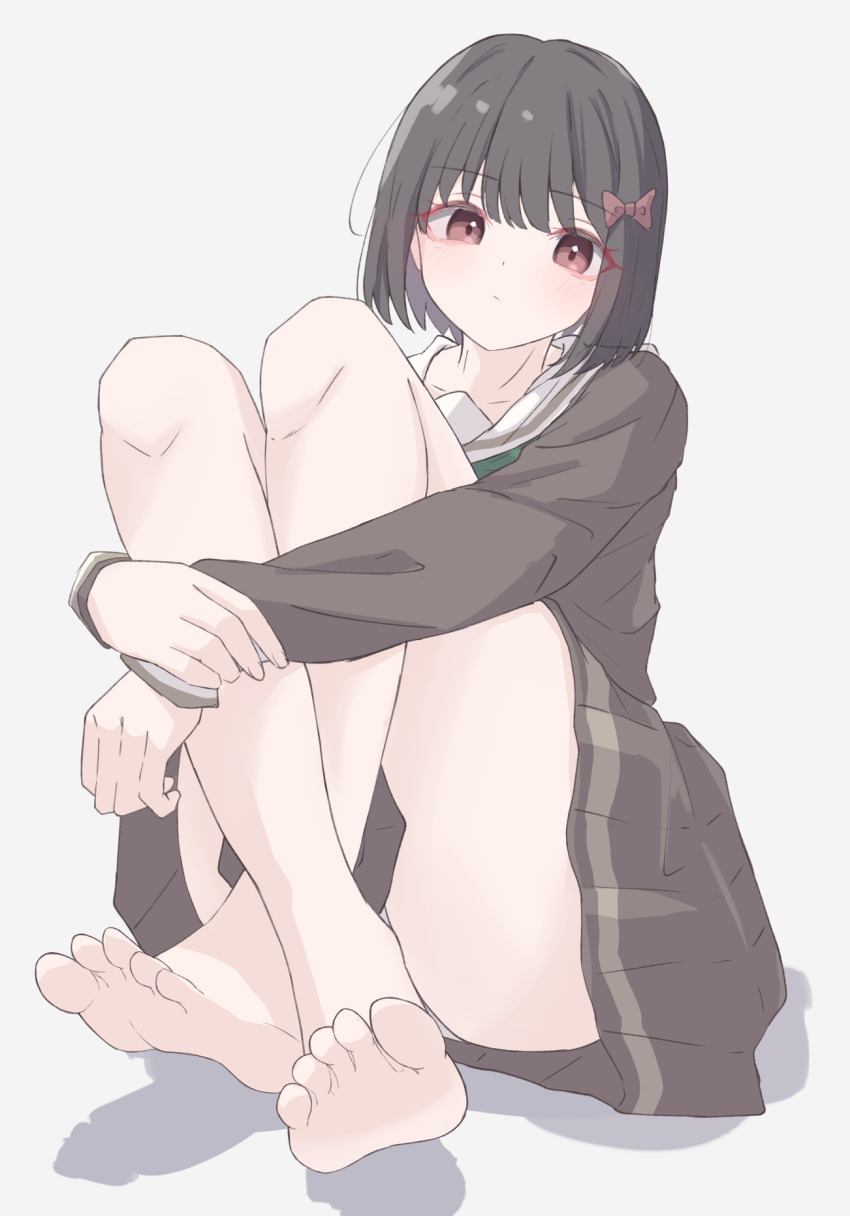1girl, bare_legs, barefoot, black_hair, blush, bow, brown_eyes, brown_jacket