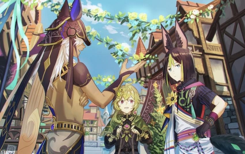 1girl, 2boys, ahoge, ancient_egyptian_clothes, animal_ear_fluff, animal_ears, animal_hat, asa_tuki_893