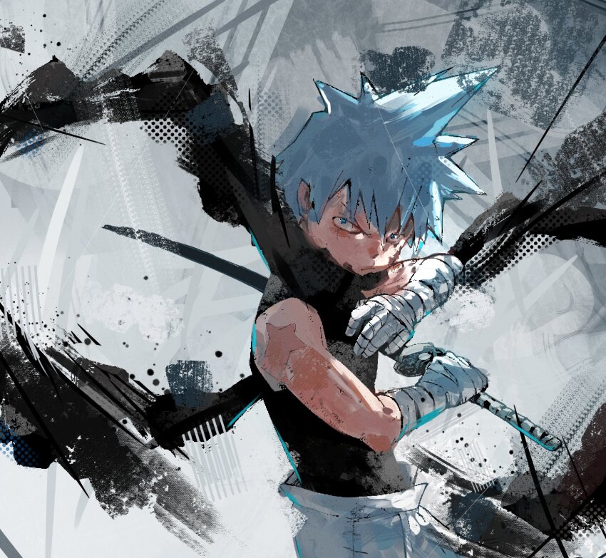 1boy, bandages, black_scarf, black_shirt, black_star, blue_eyes, blue_hair, closed_mouth